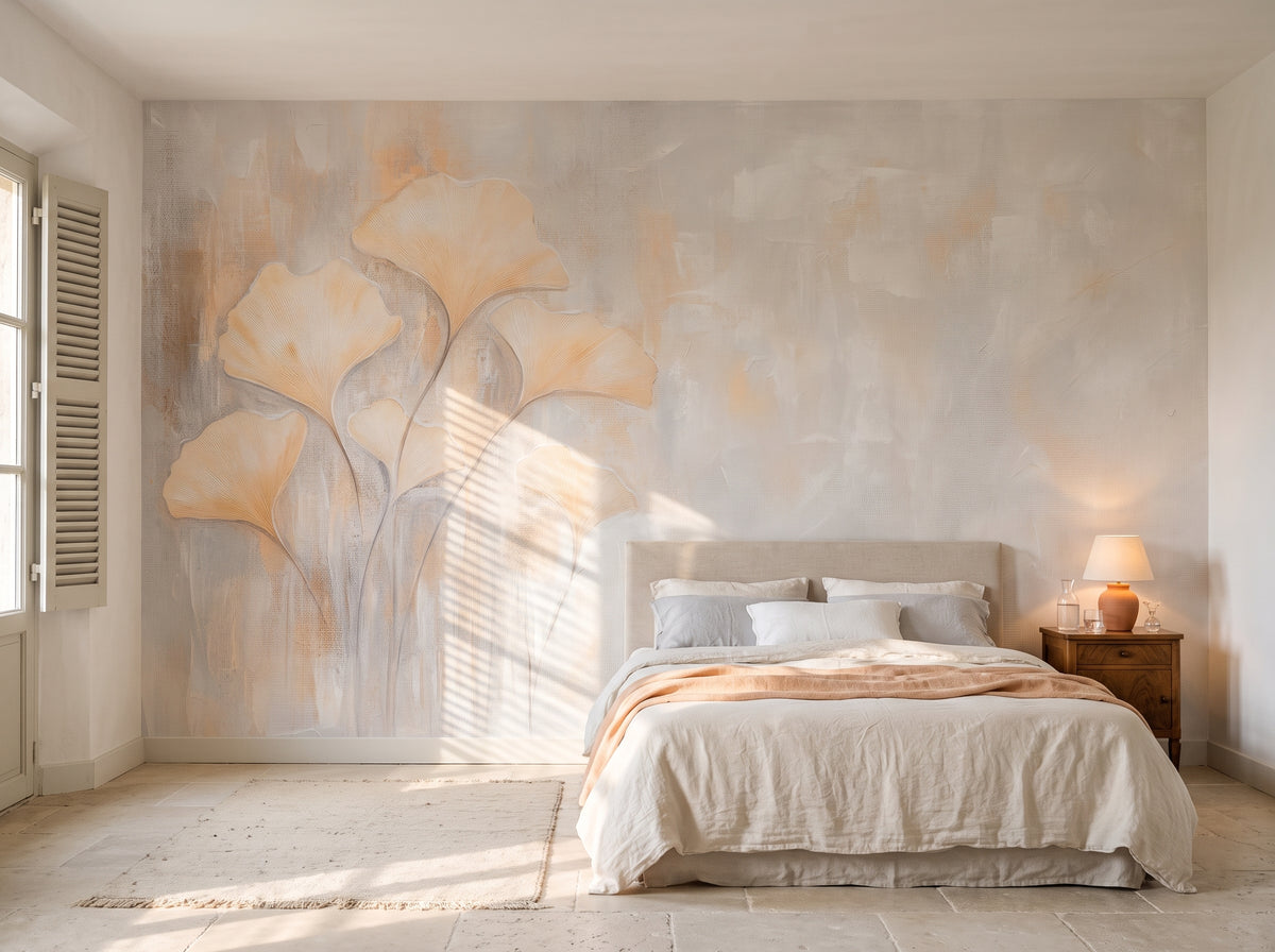CHAMOIS POSY nell'ambientazione di una camera da letto in una casa provenzale: davanti alla parete un letto basso e un comodino in noce