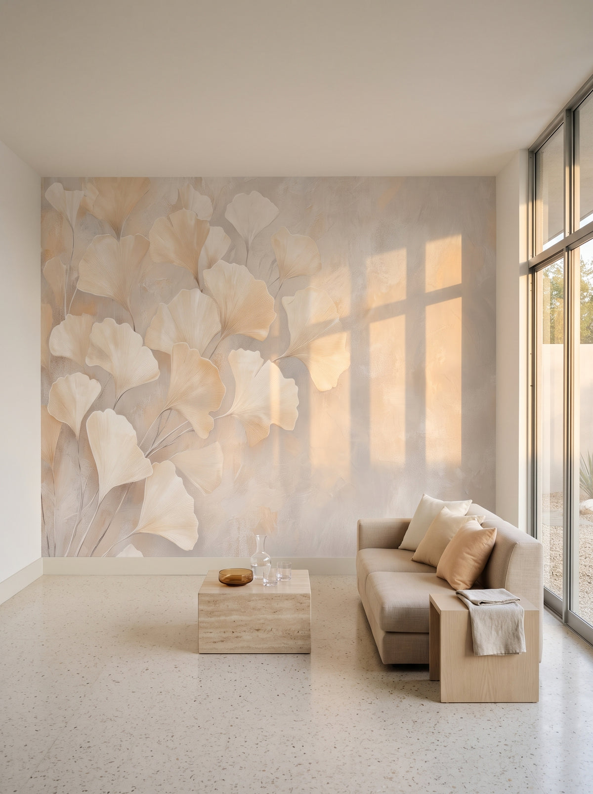 CHANTILLY nell'ambientazione di un soggiorno in una casa modernista a Palm Springs: davanti alla parete un divano basso in lino e un tavolino in travertino