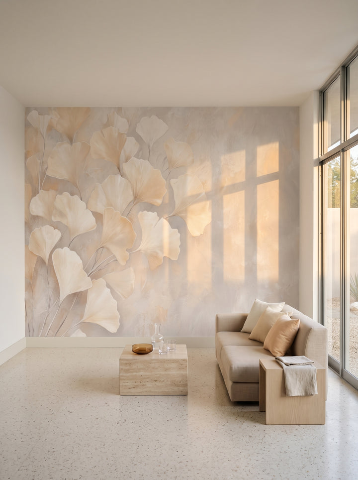 CHANTILLY nell'ambientazione di un soggiorno in una casa modernista a Palm Springs: davanti alla parete un divano basso in lino e un tavolino in travertino