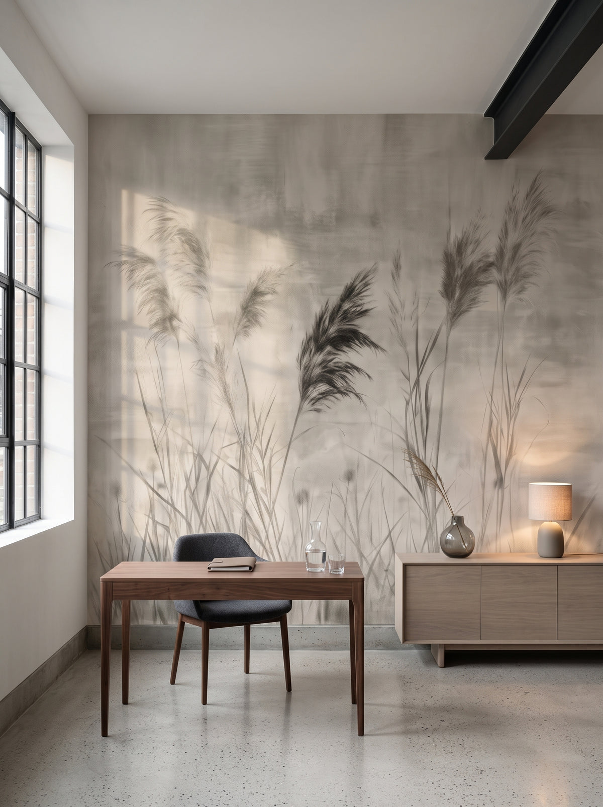 CHARCOAL RUSHES en mise en scène d'un cabinet de travail dans un ancien grenier à grain, avec un fin bureau en noyer, une chaise et un meuble bas en chêne