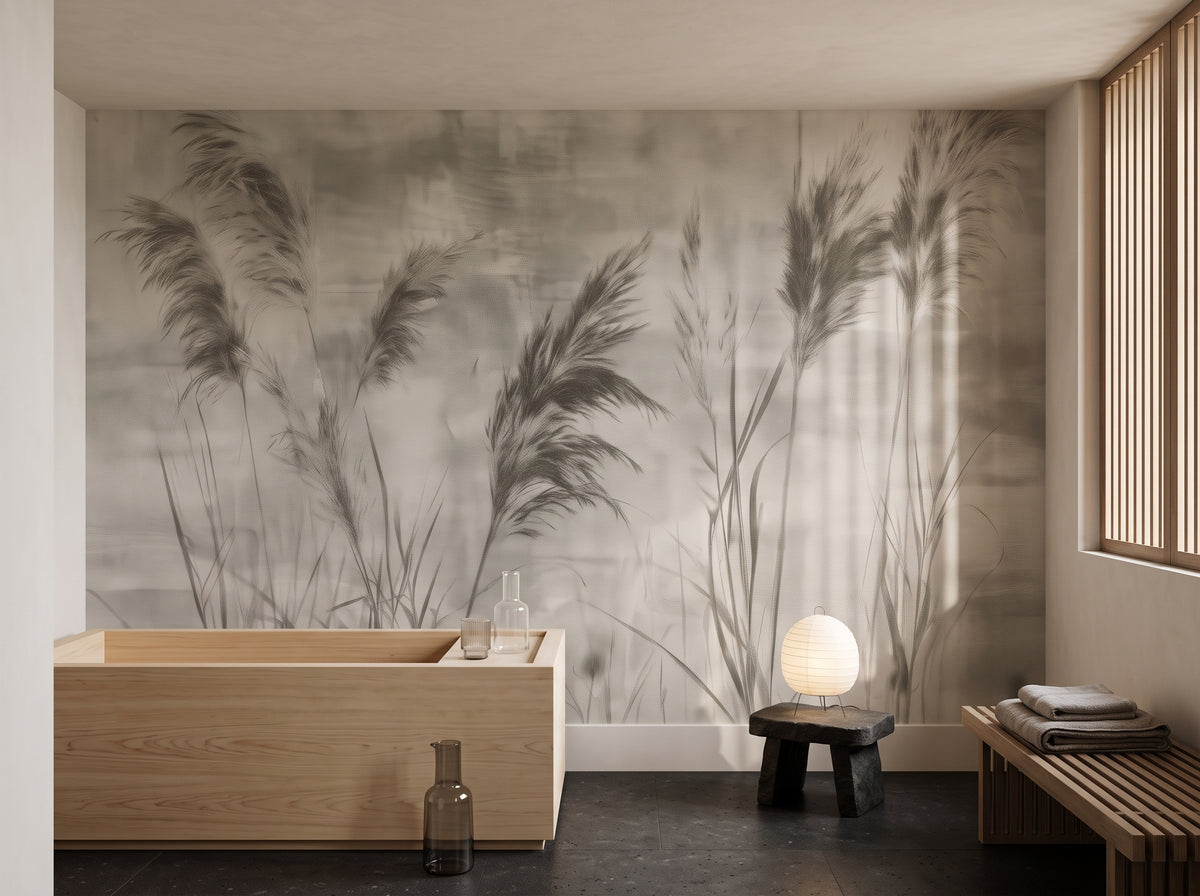 CHARCOAL RUSHES en mise en scène d'une salle de bains minimaliste en basalte, devant le mur une baignoire profonde en bois clair