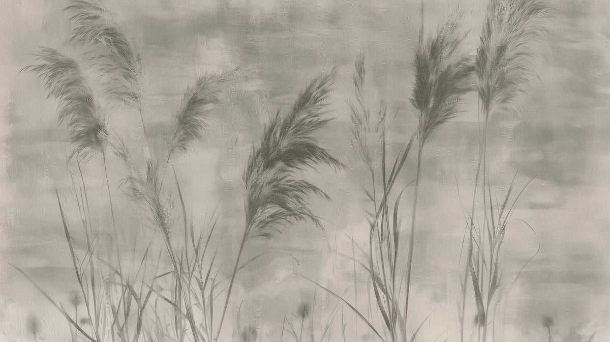CHARCOAL RUSHES – motif complet : panicules de roseaux sombres, gris olive, sur un fond gris chaud, clair et patiné