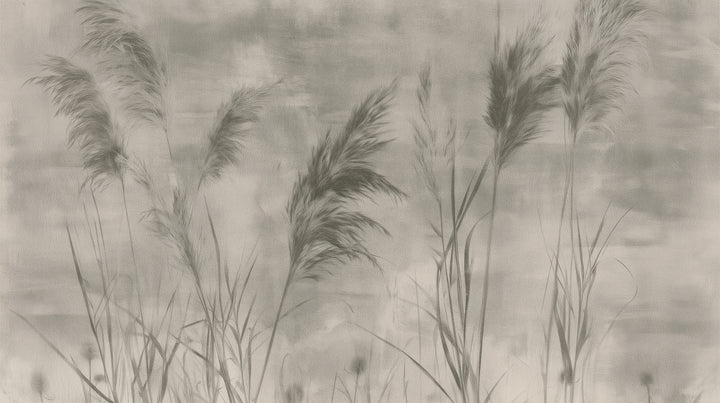 CHARCOAL RUSHES – pełny wzór: ciemne, szarooliwkowe wiechy trzciny na jasnym, przecieranym, ciepłoszarym tle