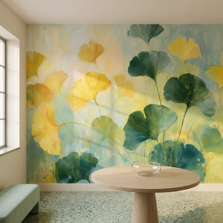 CHARTREUSE in a hall setting in a 1930s villa in Rotterdam, with a small round oak table and a mint bench in front of the wall