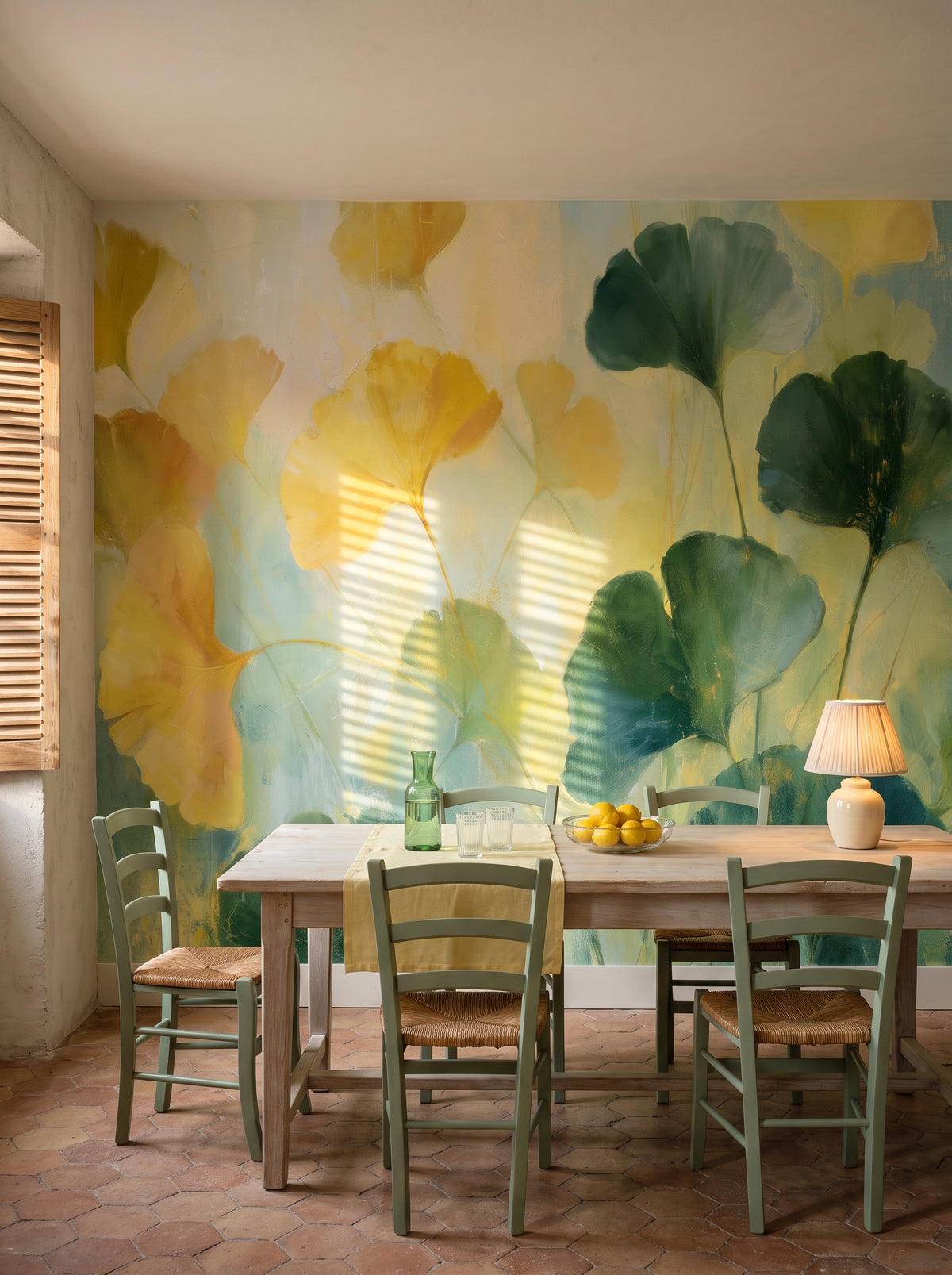 CHARTREUSE in a dining room setting in a Provençal house, with a long oak table and rush chairs in front of the wall
