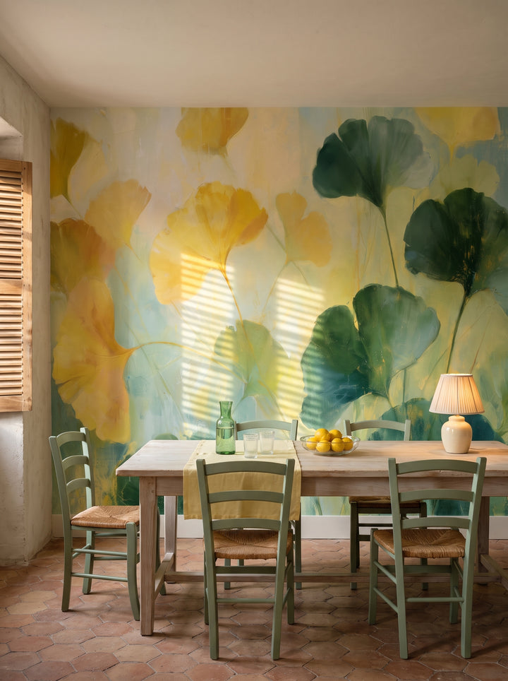 CHARTREUSE in a dining room setting in a Provençal house, with a long oak table and rush chairs in front of the wall