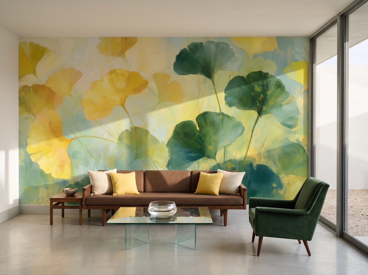CHARTREUSE in a living room setting in a 1950s house in Palm Springs, with a low walnut sofa and a green armchair in front of the wall