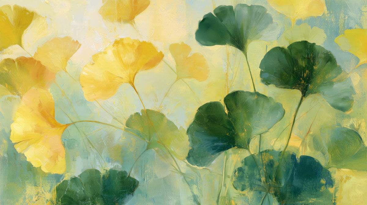 CHARTREUSE – the full design: lemon-yellow ginkgo leaves on the left, dark green on the right, on a cream background
