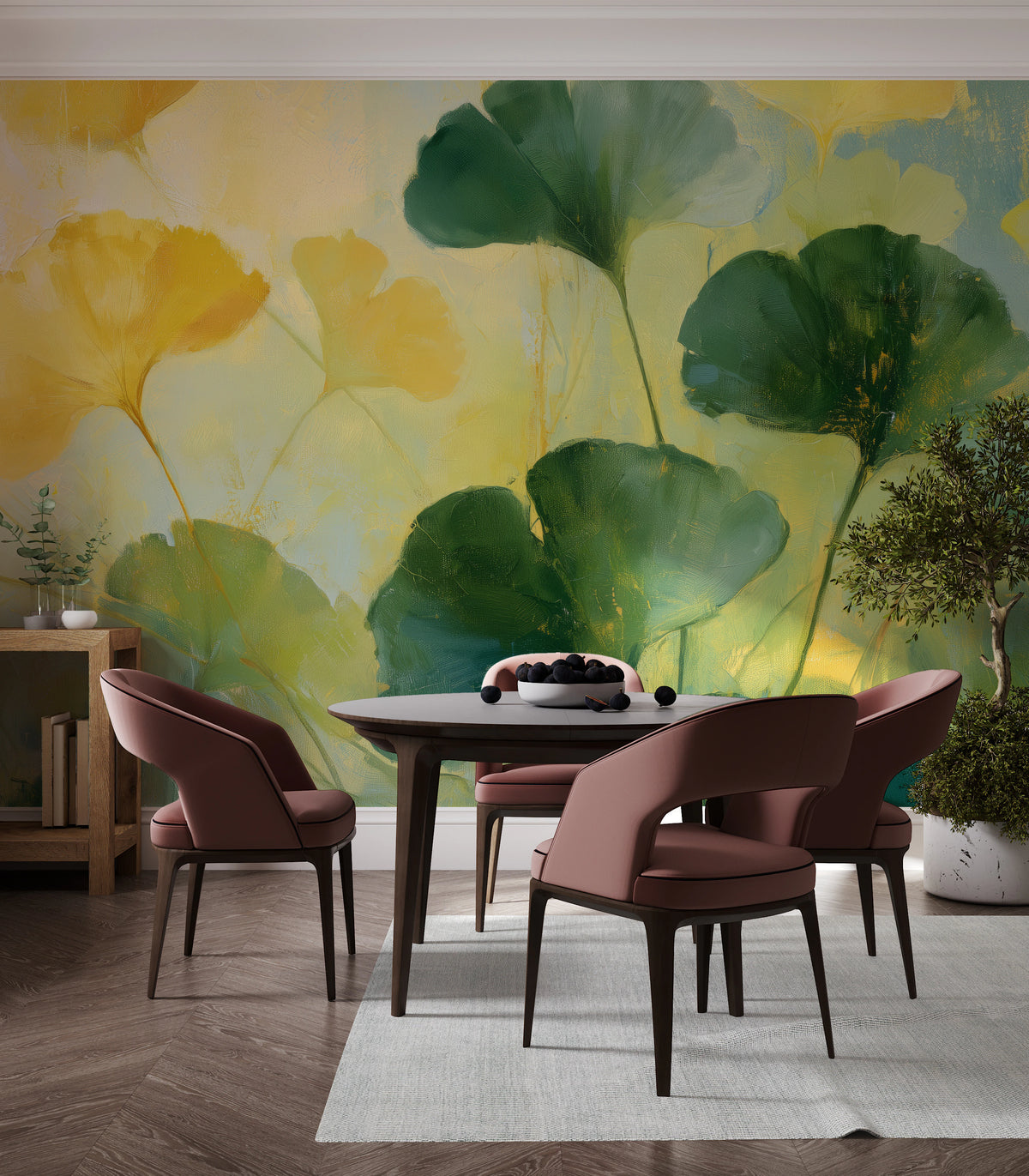 CHARTREUSE across the whole wall of a dining room with a round table and pink chairs; dark leaves rise high above the table