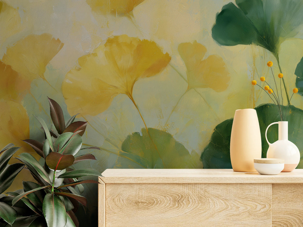 CHARTREUSE close up above a pale chest of drawers with vases: yellow leaves on a cream background and dark green on the right