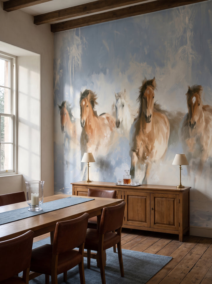 CHESTNUT RUSH en una ambientación de comedor: caballos castaños al galope sobre un aparador de roble, la mesa y sillas de cuero