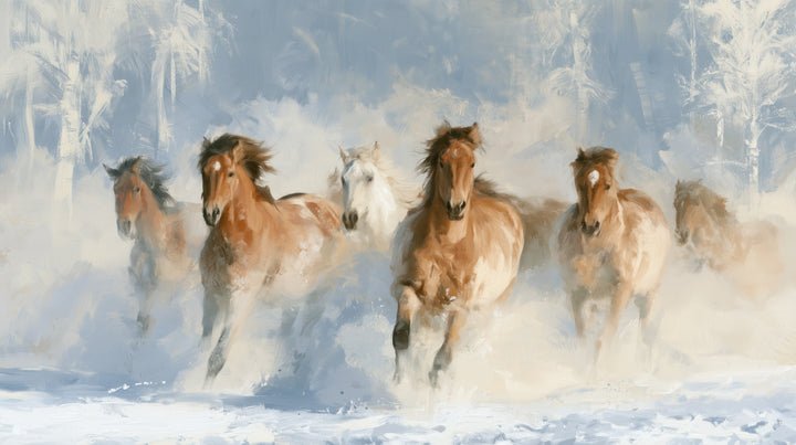 CHESTNUT RUSH – diseño completo: caballos castaños y uno blanco corren a través de una nube de nieve sobre un bosque azul