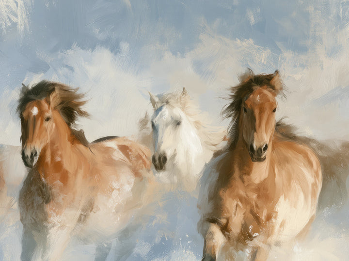 CHESTNUT RUSH de cerca: dos caballos alazanes con lista blanca y crines al viento, y un caballo blanco más pequeño entre ellos