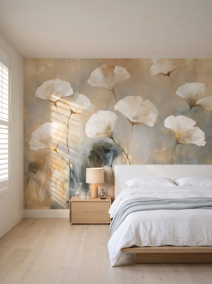 CHIFFON in a bedroom setting in a beach house in the Hamptons, with a low bed with white bedding and an oak cabinet in front of the wall