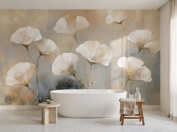 CHIFFON in a bathroom setting in a Milan apartment, with a freestanding matt white bath and a teak stool in front of the wall