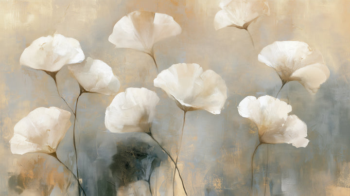 CHIFFON – the full design: nine cream-white ginkgo leaves on a misty ground of sand and grey-blue