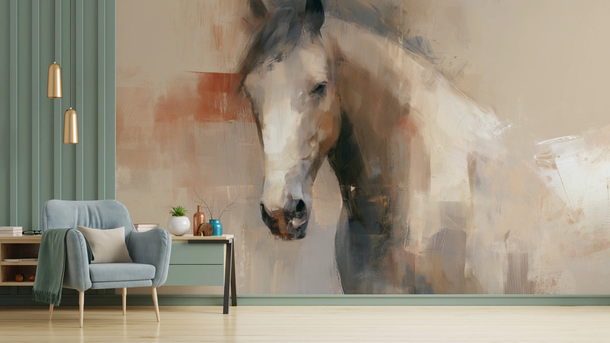 CLAY AND CREAM na całej ścianie salonu: głowa jasnego konia wysoka prawie na całą ścianę, za nią pas terakoty, z lewej zielony panel i fotel