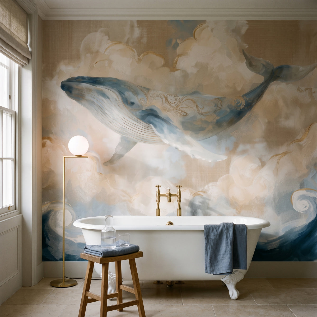 CLOUD VOYAGER in a bathroom setting: whale above a white freestanding bath with a brass tap and an oak stool
