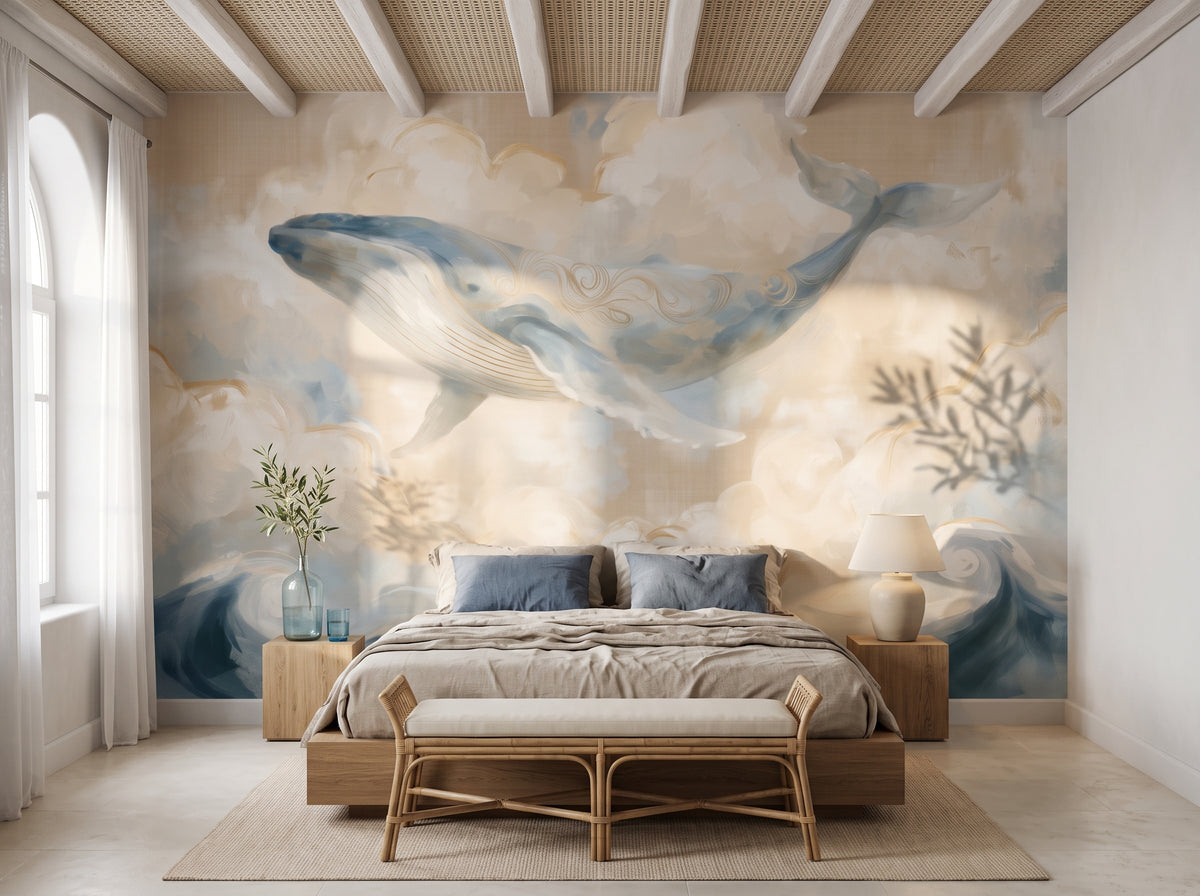 CLOUD VOYAGER in a bedroom setting: full wall behind a low oak bed with linen bedding and a rattan bench