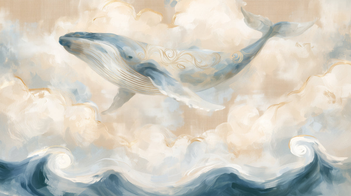 CLOUD VOYAGER – full design: grey-blue whale with gold lines among cream clouds, navy waves below