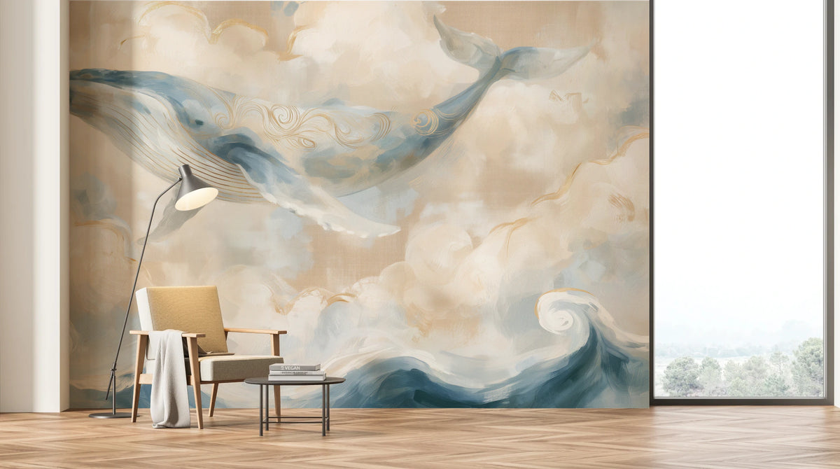 CLOUD VOYAGER on a full living-room wall with a large window: whale above an armchair with a floor lamp and table, a curling wave nearer the window