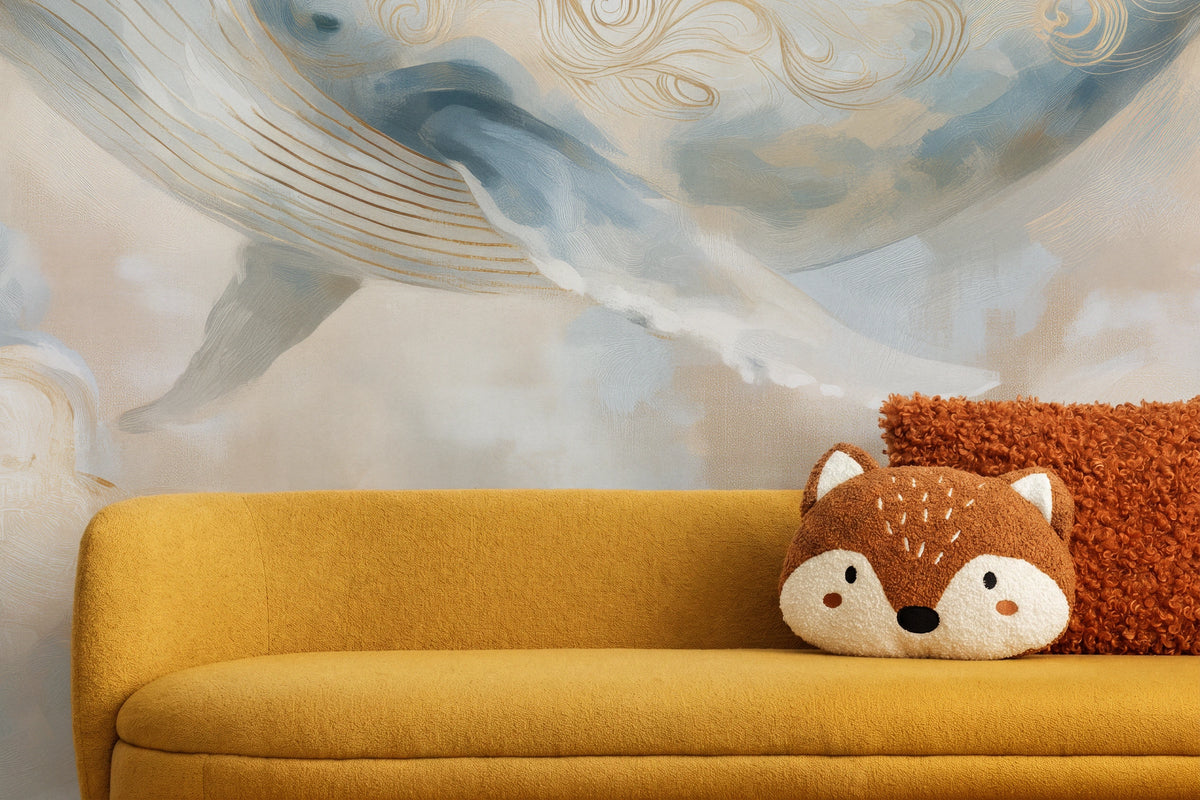 CLOUD VOYAGER close-up above a mustard sofa with a fox-shaped cushion: gold belly stripes and spirals on the whale’s side
