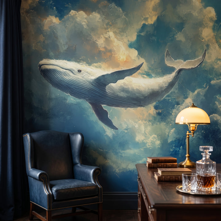 CLOUDBREAK in der Raumgestaltung eines Arbeitszimmers: weißer Wal zwischen Wolken über einem Ledersessel, seitlich Schreibtisch mit Lampe und Karaffe