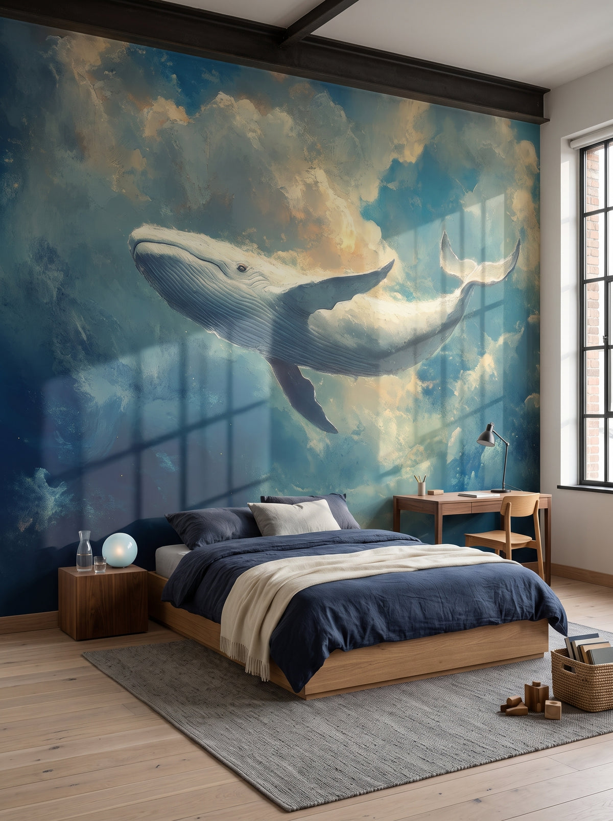 CLOUDBREAK in der Raumgestaltung eines Teenager-Schlafzimmers im Loft: Wal zwischen Wolken über niedrigem Bett, daneben Schreibtisch mit Lampe