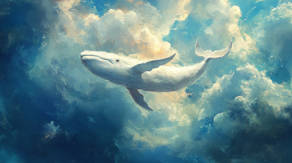 CLOUDBREAK – vollständiges Motiv: weißer Wal zwischen bauschigen Wolken mit cremefarbenem Licht, links und unten tiefes Dunkelblau
