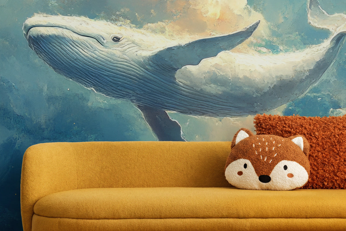 CLOUDBREAK aus der Nähe: Kopf des Wals, Kehlfurchen und Flosse über einem senffarbenen Sofa mit Kissen in Fuchsform