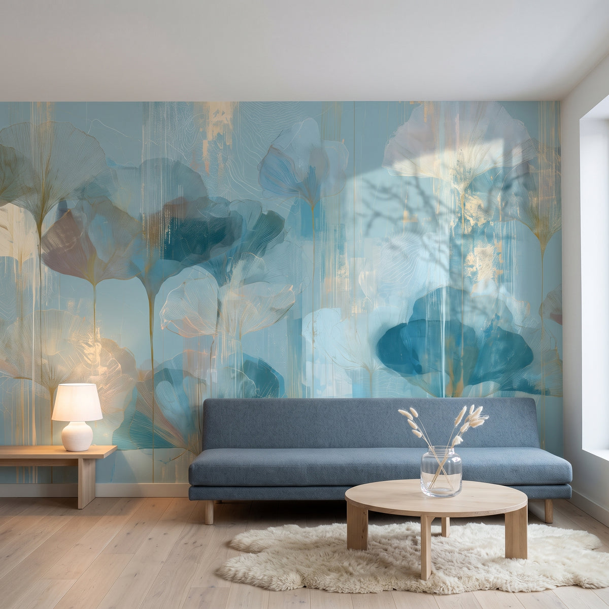 CLOUDBURST als Raumgestaltung eines Wohnzimmers in einem Apartment in Oslo, davor ein niedriges Sofa in Schieferblau und ein Birkentisch
