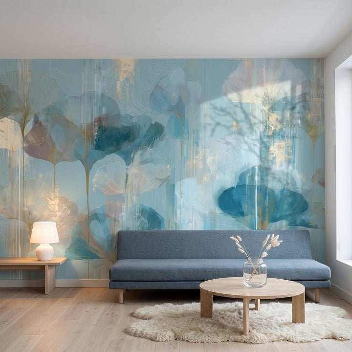CLOUDBURST mis en scène dans un salon d'un appartement à Oslo, devant le mur un canapé bas bleu ardoise et une table en bouleau