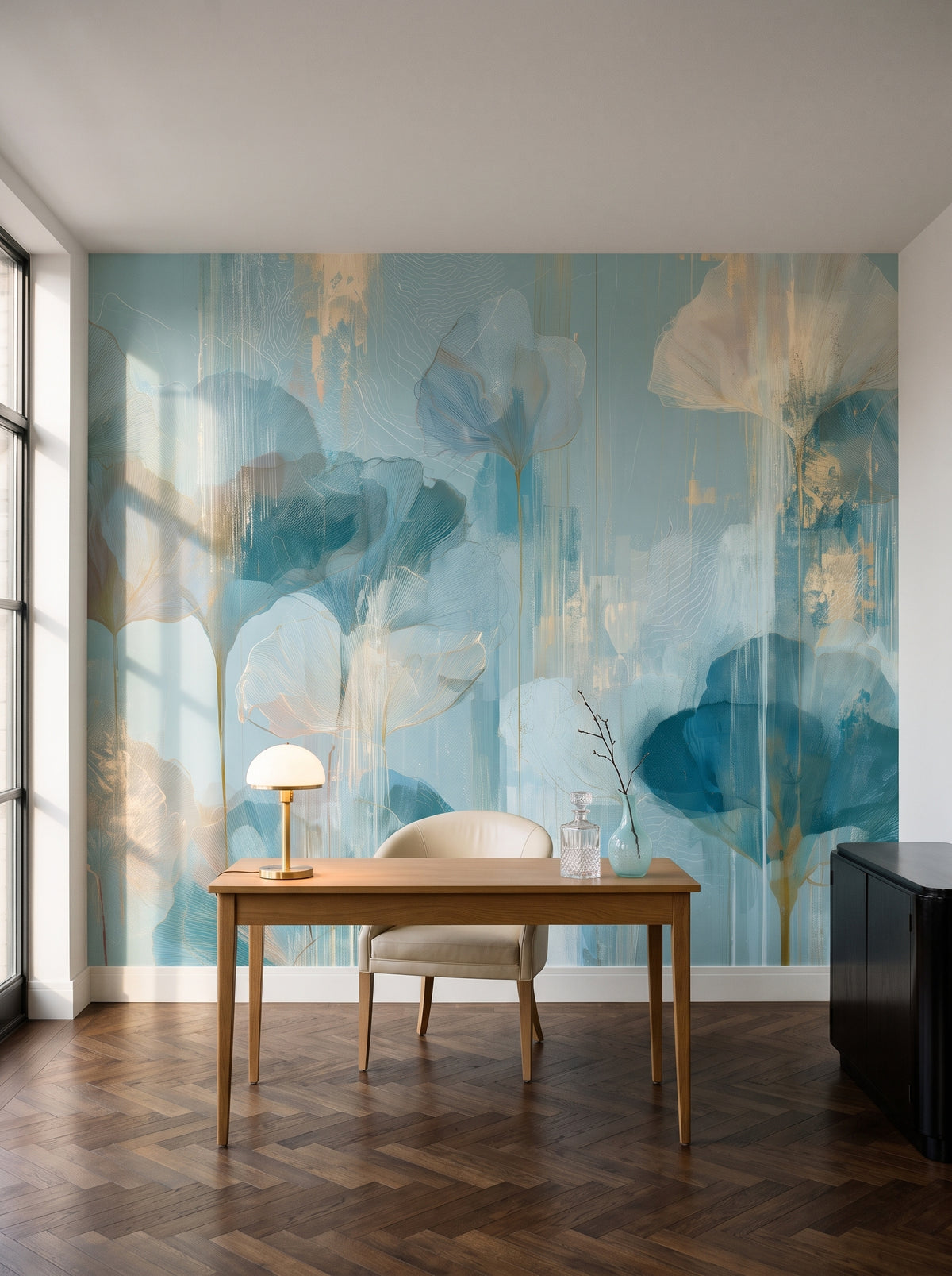 CLOUDBURST als Raumgestaltung eines Arbeitszimmers in einem New Yorker Art-déco-Apartment, davor ein Eichenschreibtisch und ein cremefarbener Ledersessel