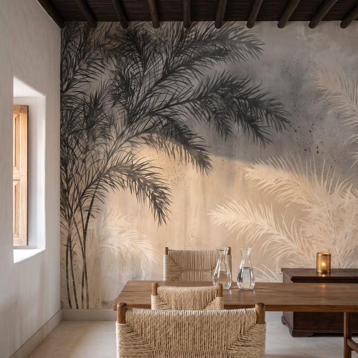 COUNTERPOINT in a dining room setting in a stone house on Lamu Island, long wooden table and woven chairs
