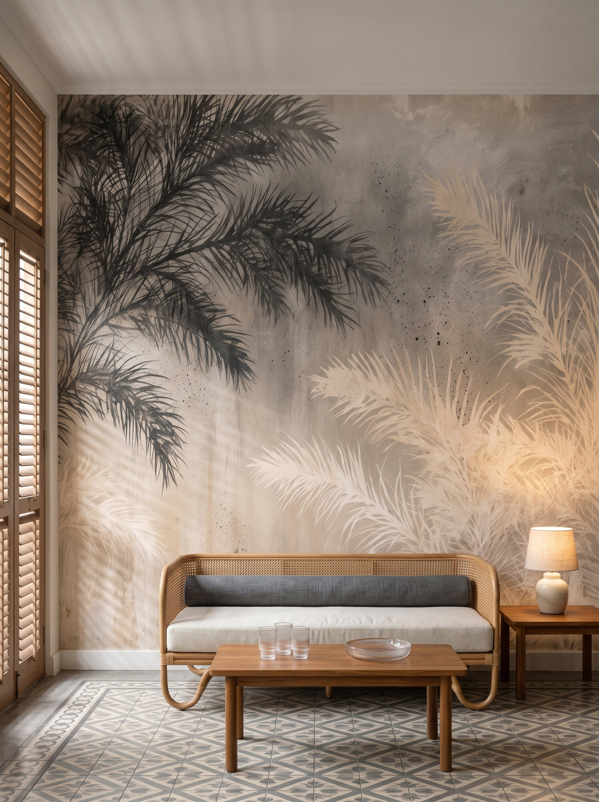 COUNTERPOINT in a living room setting in a colonial hotel, low rattan sofa beneath the cream leaves
