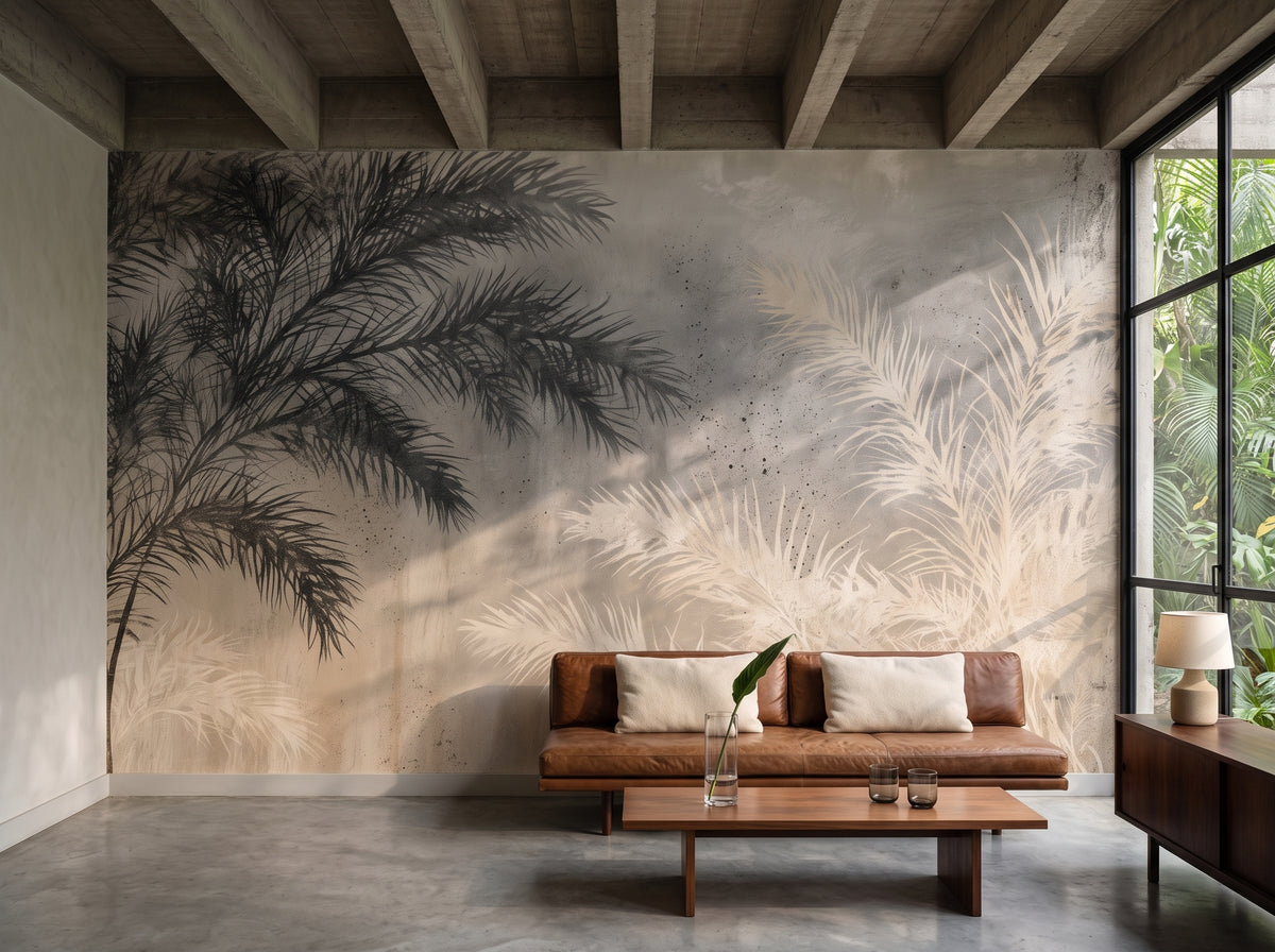 COUNTERPOINT in a living room setting in a 1970s concrete house, long low sofa in front of the wall
