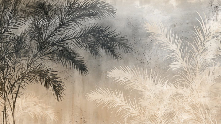 COUNTERPOINT – full design: dark graphite palm from the top left corner and cream leaves from the bottom right on a grey background