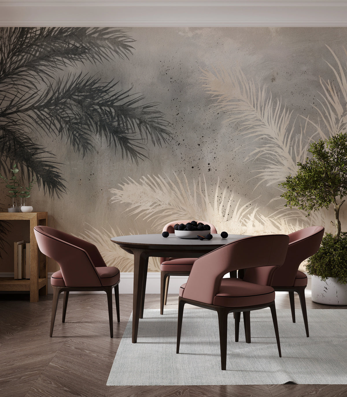 COUNTERPOINT across the whole dining room wall behind a round table and burgundy chairs – palm leaves taller than the furniture