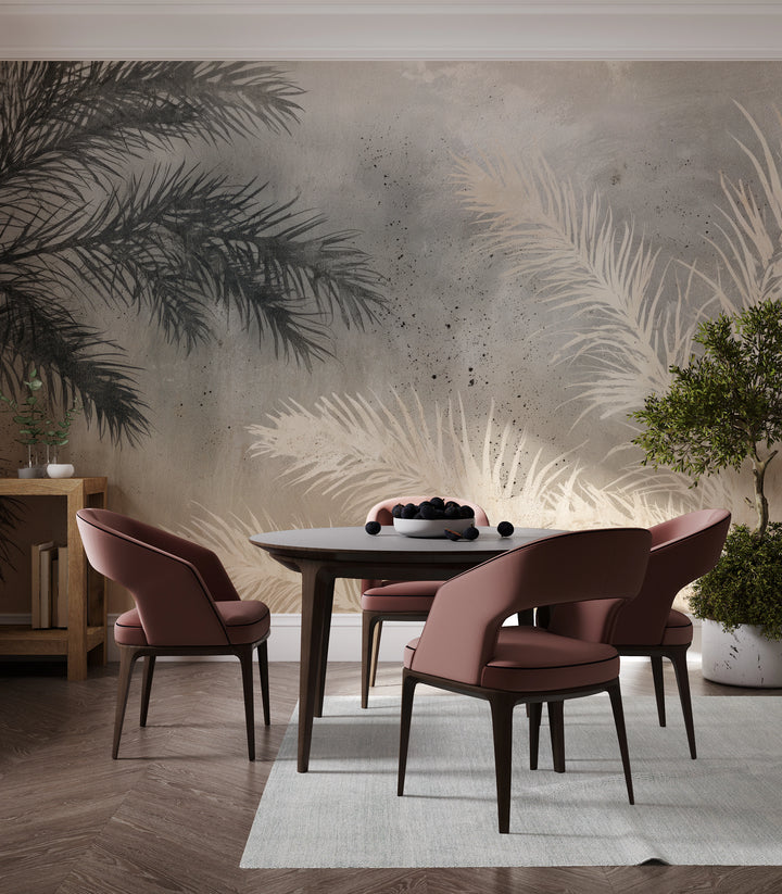 COUNTERPOINT across the whole dining room wall behind a round table and burgundy chairs – palm leaves taller than the furniture