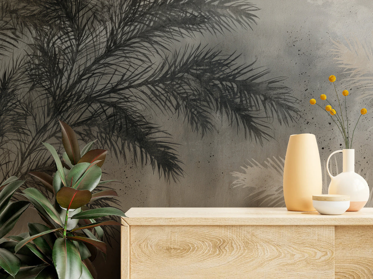 COUNTERPOINT up close: dark graphite palm leaves, black splatters and a light chest of drawers with vases