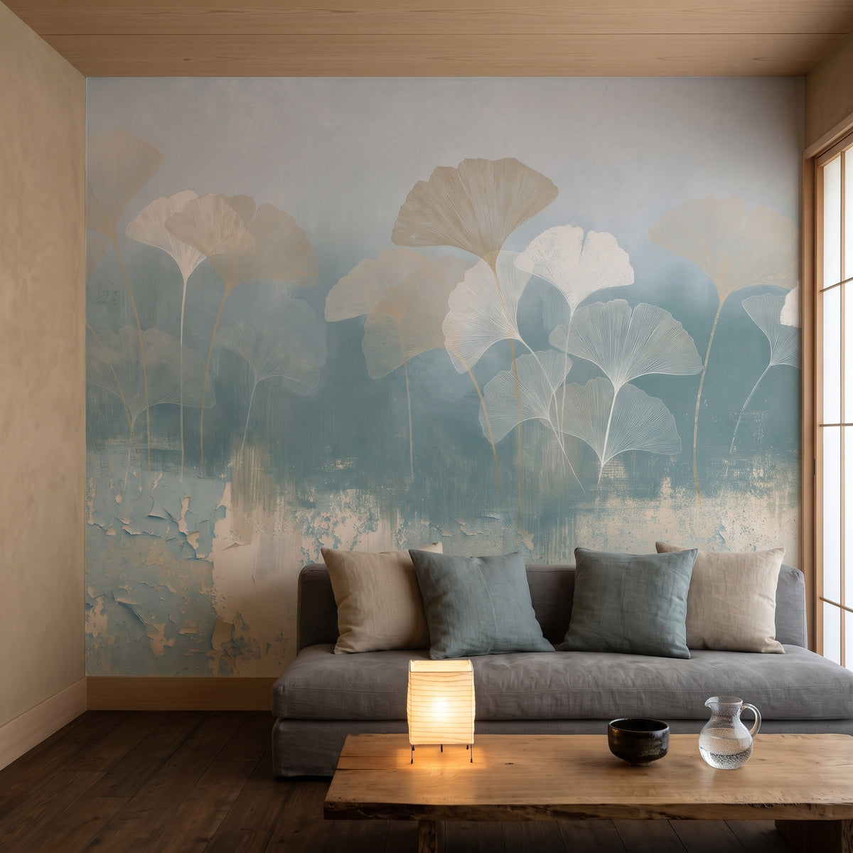 CRACKLE GLAZE mis en scène dans un salon wabi-sabi à Kyoto, devant le mur un canapé bas gris et une table en orme avec un bol