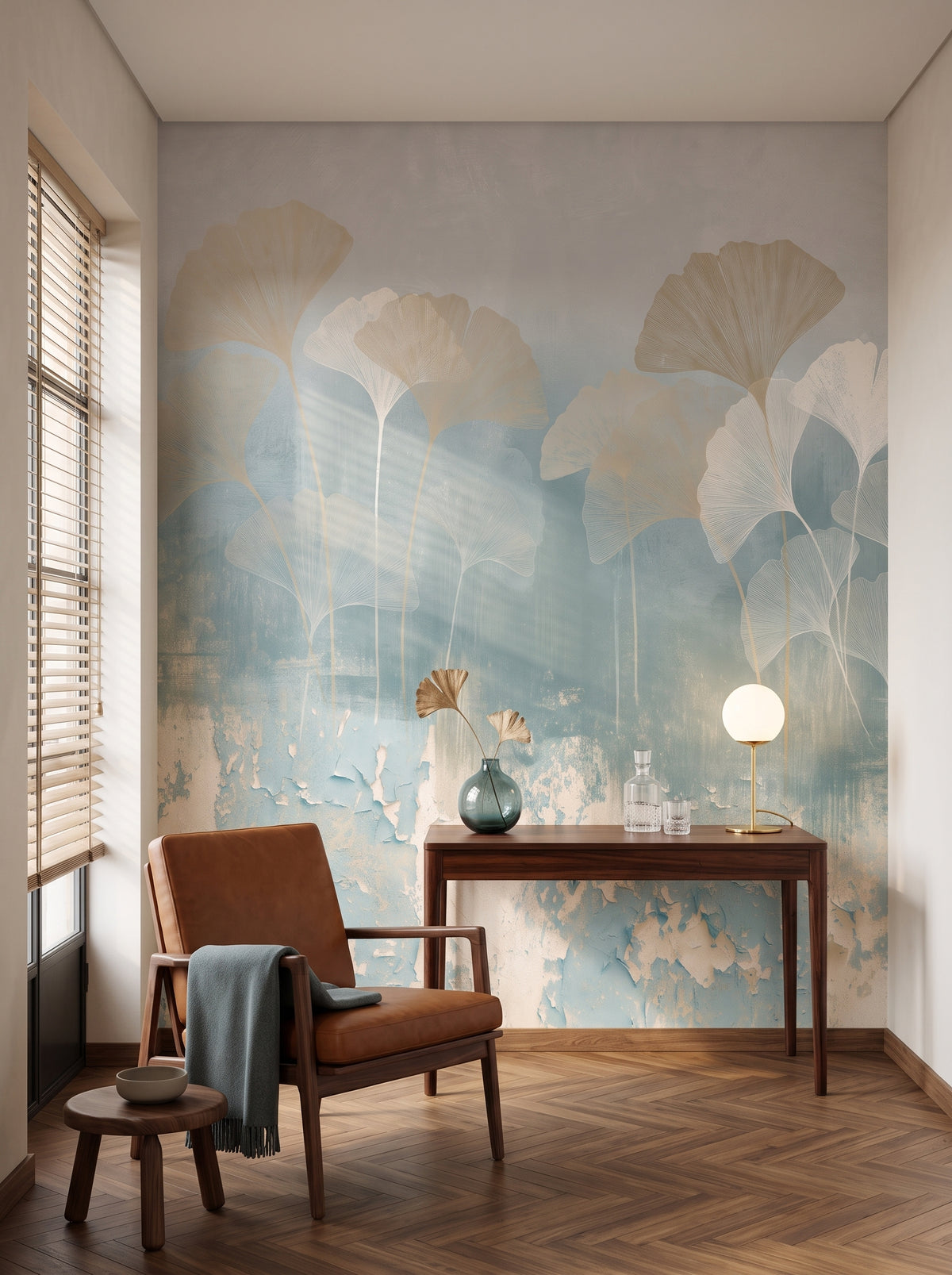 CRACKLE GLAZE mis en scène dans un bureau d'un appartement milanais, devant le mur un bureau avec une lampe en laiton et un fauteuil en cuir
