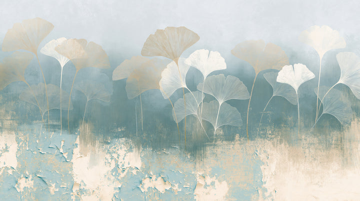 CRACKLE GLAZE – motif entier : denses touffes de feuilles de ginkgo beiges et blanches au-dessus d'une peinture craquelée turquoise et crème