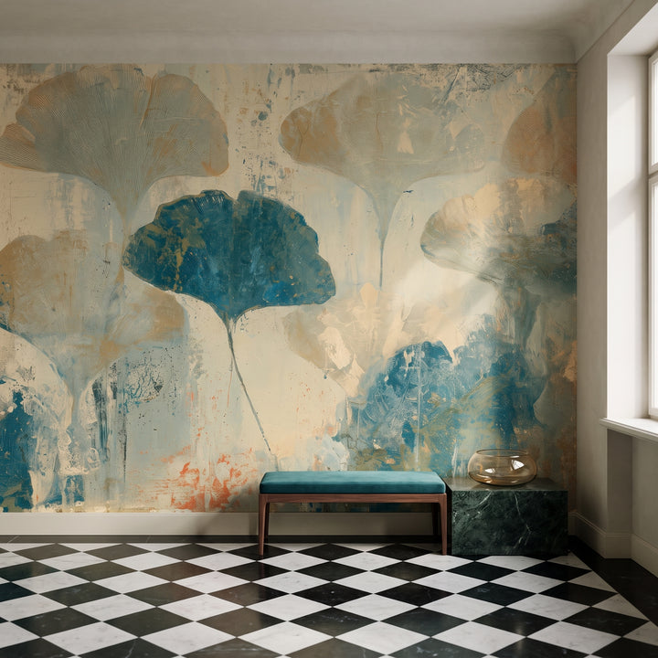 CRACKLED STUCCO in a hall setting in an Art Nouveau townhouse in Riga, with a turquoise bench and a block of green marble in front of the wall