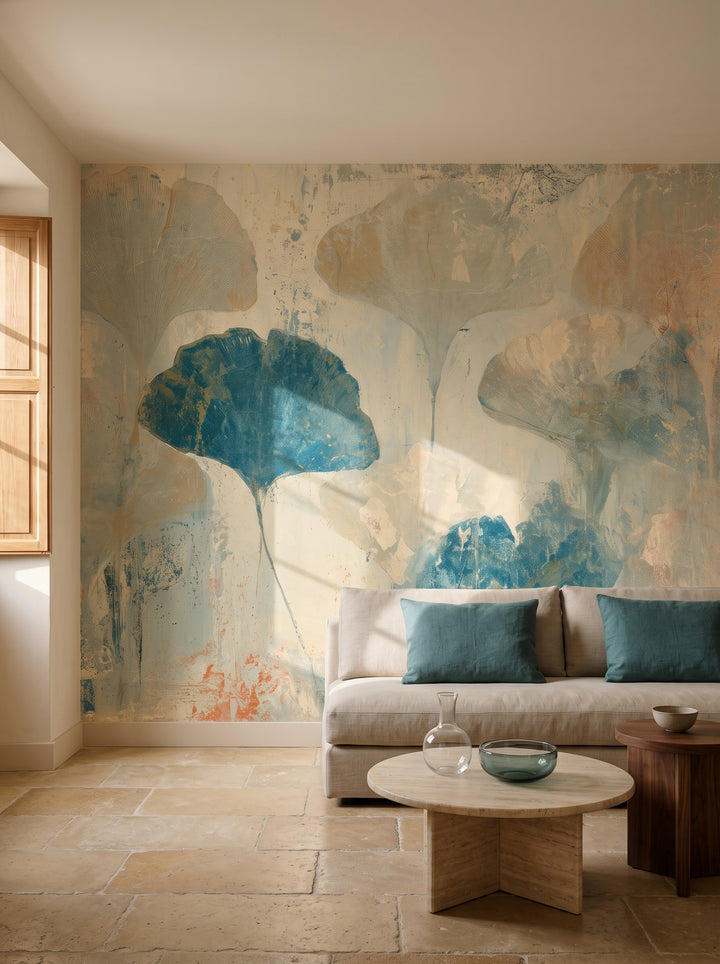 CRACKLED STUCCO in a living room setting in a palazzo in Lecce, with a low linen sofa and a round travertine coffee table in front of the wall