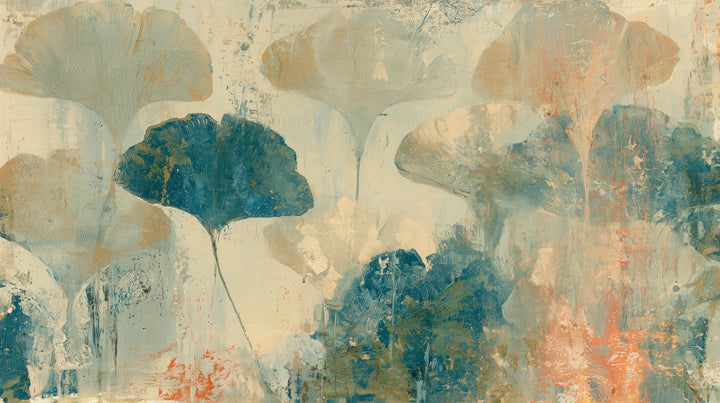 CRACKLED STUCCO – the full design: sandy and sea-blue ginkgo leaves on a cream, cracked ground with coral drips