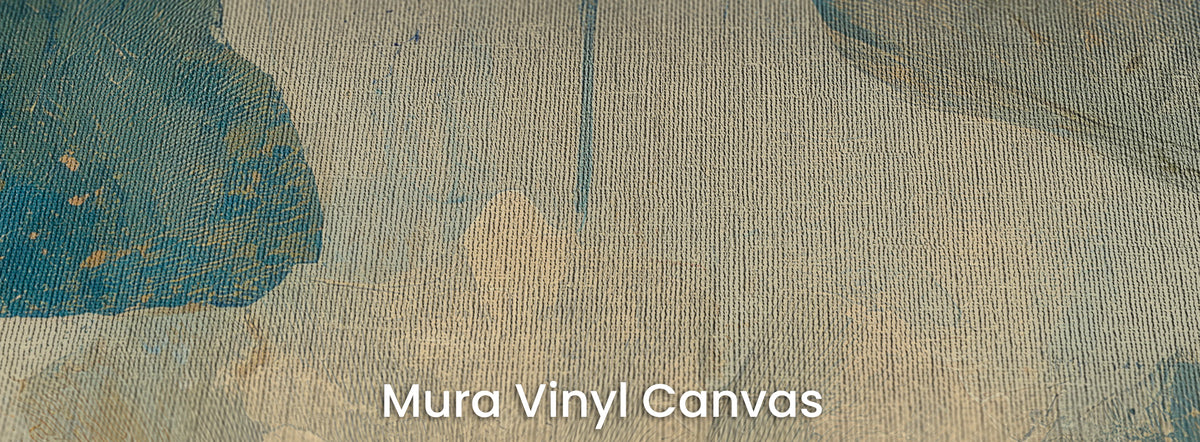 CRACKLED STUCCO auf Mura Vinyl Canvas – Leinwandgewebe auf cremefarbenem Grund und meerblauem Blatt