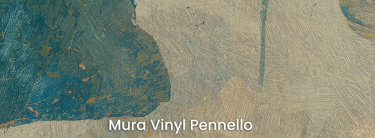 CRACKLED STUCCO auf Mura Vinyl Pennello – Pinselstriche auf dem meerblauen Blatt und dem cremefarbenen Grund