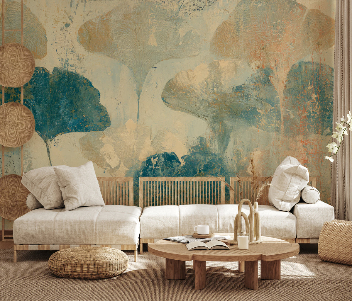CRACKLED STUCCO an der ganzen Wand eines hellen Wohnzimmers mit Leinensofa – das dunkle Ginkgoblatt ist viel größer als die Kissen