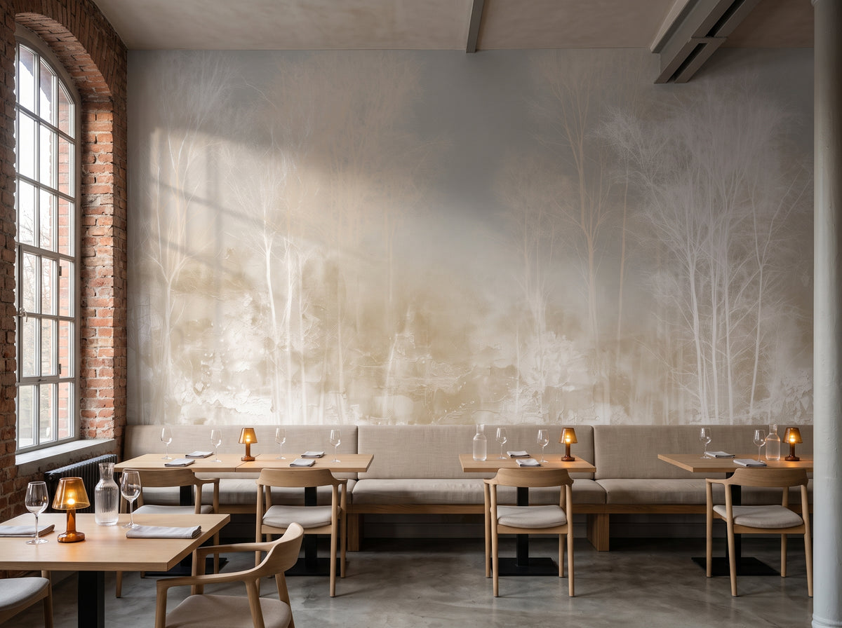 CRAQUELURE en mise en scène dans un restaurant d'une ancienne filature de Lodz, devant le mur une banquette basse en lin et des tables en chêne